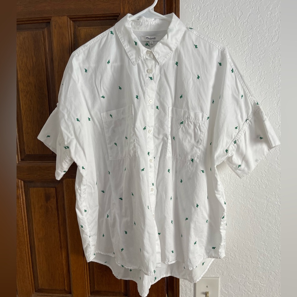 Madewell White Button-Up Shirt with Green Embroidery - Picture 3 of 6